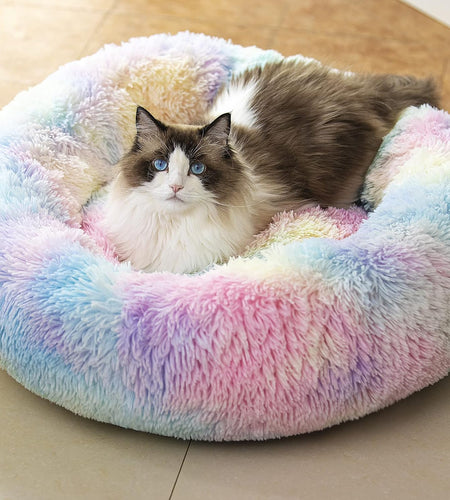 anti Anxiety round Fluffy Plush Faux Fur Warm Washable Dog Bed & Cat Bed, Original Bed for Small Medium Large Pets,Used to Relieve Joints and Improve Sleep（20"/24"/27''） (20", Rainbow)