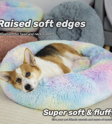 anti Anxiety round Fluffy Plush Faux Fur Warm Washable Dog Bed & Cat Bed, Original Bed for Small Medium Large Pets,Used to Relieve Joints and Improve Sleep（20"/24"/27''） (20", Rainbow)